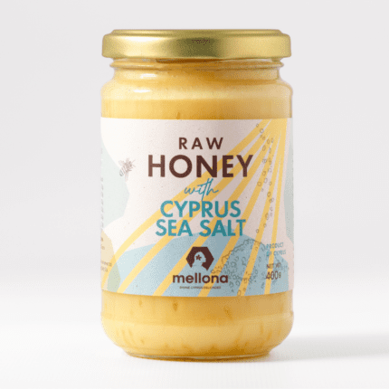 Mellona raw honey with Cyprus sea salt 400g front jar